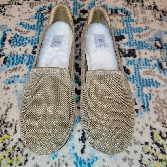 Cloudsteppers by Clarks Shoes - Clarks Cloudsteppers Carly Dream Fur Washable Gold Flats, Size 7.5
